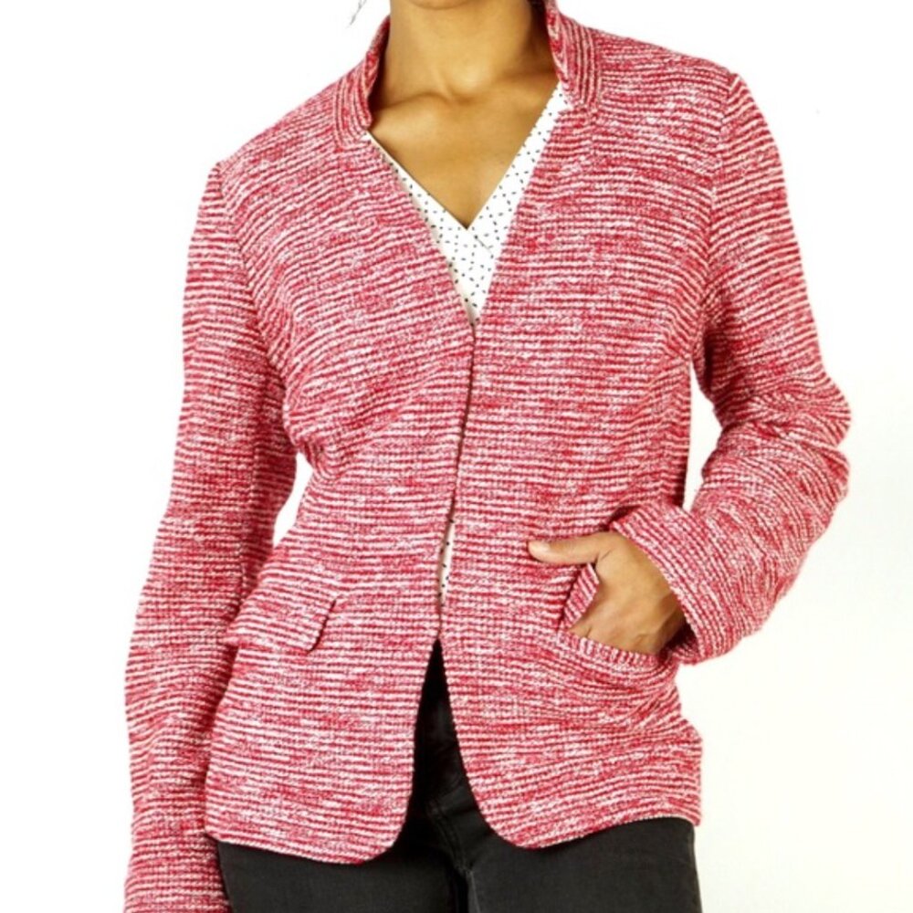 TALBOTS Berkeley Tweed Knit Jacket Red White Black Textured Notch Neck Blazer 8